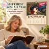 Woman reading a Bible with the 2027 A Year With Jesus Wall Calendar hanging on the wall.