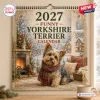Front view of the 2027 Funny Yorkshire Terrier Wall Calendar featuring a dog in a plaid scarf near a fireplace.