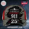 911 We Will Never Forget 25th Anniversary Cap featuring an airplane graphic, distressed flag background, and bold text.