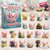 Front view of A Day Of Axolotl Advent Calendar 2026 box alongside twenty-four miniature figurines.