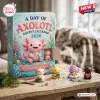 Front view of A Day Of Axolotl Advent Calendar 2026 box with open door and miniature figures on table.