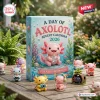 Front view of A Day Of Axolotl Advent Calendar 2026 box surrounded by miniature figures.