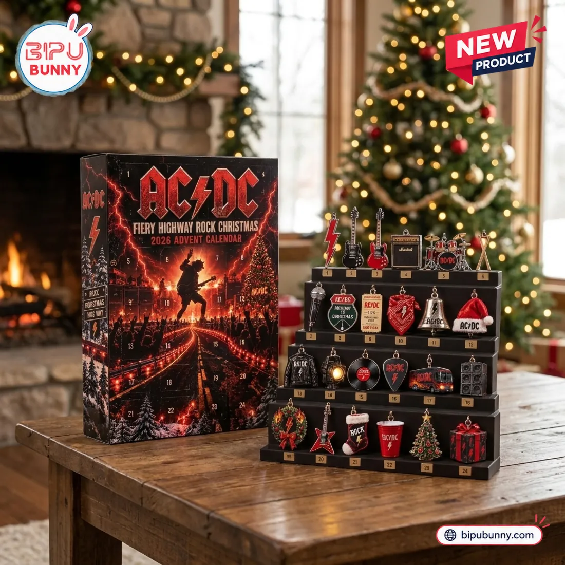 Front view of AC/DC 2026 Fiery Highway Advent Calendar box with opened numbered compartments and display stand holding rock-themed ornaments.