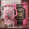 Alabama Crimson Tide Breast Cancer Awareness YETI Tumbler with pink tie-dye pattern, boxing elephant, and awareness ribbons.