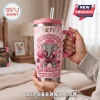 Alabama Crimson Tide Breast Cancer Awareness YETI tumbler with a pink elephant graphic, text, and ribbons on a tie-dye background.