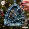 Front view of an Alien Predator Custom Christmas Ornament featuring a battle scene with engraved stone ruins and personalized text.