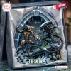 Front view of an Alien Predator Custom Christmas Ornament featuring a sculpted battle scene inside a gift box.