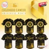 All Team MLB x Childhood Cancer Awareness Month Black Baseball Jersey featuring gold ribbon patterns and team logos.