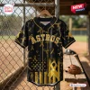 All Team MLB x Childhood Cancer Awareness Month Black Baseball Jersey featuring gold ribbons and Astros team lettering.
