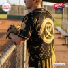 All Team MLB x Childhood Cancer Awareness Month Black Baseball Jersey featuring yellow ribbon patterns and logo graphics.