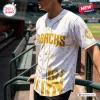 All Team MLB x Childhood Cancer Awareness Month white baseball jersey with gold ribbon patterns worn at a stadium.