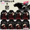 All Team NFL x Godzilla Minus Zero Hoodie collection featuring black sweatshirts with monster graphics and various team logos.