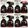 All Team NFL x Godzilla Minus Zero Hoodie collection featuring black sweatshirts with team logos and kaiju graphics.