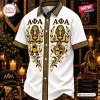 Front view of an Alpha Phi Alpha Egyptian button down Hawaiian shirt featuring Greek letters and sphinx imagery.