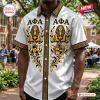 Front view of an Alpha Phi Alpha Egyptian button down Hawaiian shirt with sphinx and greek letter graphics.