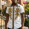 Front view of an Alpha Phi Alpha Egyptian button down Hawaiian shirt featuring gold sphinx and crest graphics.