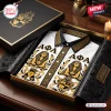 Folded Alpha Phi Alpha Egyptian button down Hawaiian shirt with sphinx and Greek letters in a gift box.