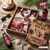 Folded Arizona Cardinals For Life Mascot Hawaiian shirt inside a wooden tray with bottles and tropical accessories.