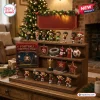 Arsenal FC Christmas Football Advent Calendar on a wooden shelf with collectible player figurines and soccer ornaments.