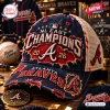 Front view of an Atlanta Braves 2026 Champions distressed cap featuring embroidered red and white text on a blue base.
