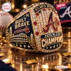Closeup of a gold Atlanta Braves 2026 NL East Champions ring with a blue inlay and stadium engraving.