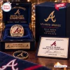 Close-up of Atlanta Braves 2026 NL East Champions ring inside a blue display box with certificate of authenticity.