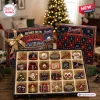 Front view of an Atlanta Braves Christmas advent calendar with twenty-four unique baseball-themed ornaments in a box.