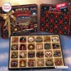 Front view of an Atlanta Braves ornament Christmas advent calendar showing the box and individual hanging collectibles.