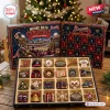 Front view of an Atlanta Braves ornament Christmas advent calendar with twenty-four unique baseball themed decorations.