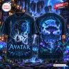 Front and back view of a blue-toned shirt featuring a bioluminescent forest spirit and landscape graphic design.