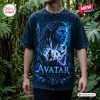 Front view of an Avatar Pandora Forest Spirit shirt with blue character graphic on a black acid-wash fabric.