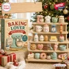 Baking Lover Advent Calendar 2026 featuring 24 miniature kawaii-style acrylic baking ornaments on a wooden tiered shelf.