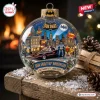 Front view of a Batman 1966 Gotham City Christmas Ornament featuring a city skyline diorama inside a glass sphere.