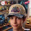 Front view of a young person wearing the Batman 87 Years Distressed Denim Cap in a themed room.