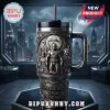 Batman Embossed 87th Anniversary Tumbler Cup featuring sculpted figures of Batman, Robin, and Joker against a city skyline.