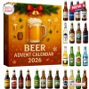 Front view of a yellow Beer Advent Calendar 2026 box with a beer mug graphic surrounded by various glass bottle ornaments.