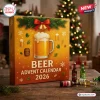 Front view of a Beer Advent Calendar 2026 box with festive gold illustrations and small beer bottles on a wooden table.