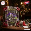 Front view of a black and white striped Beetlejuice 38th Anniversary Advent Calendar decorated with bows and ornaments.