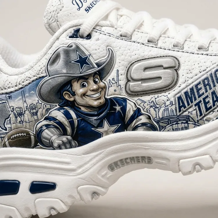 Dallas Cowboys chunky sneakers - close-up detail of textured leather, mascot Rowdy, and Skechers S logo