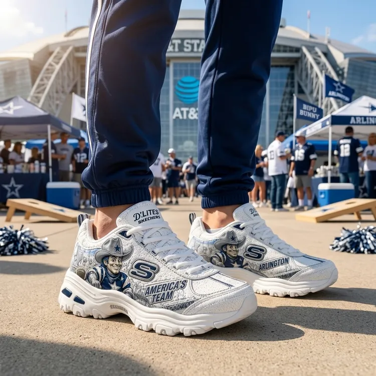 Dallas Cowboys chunky sneakers on-foot lifestyle shot outside AT&T Stadium tailgate plaza