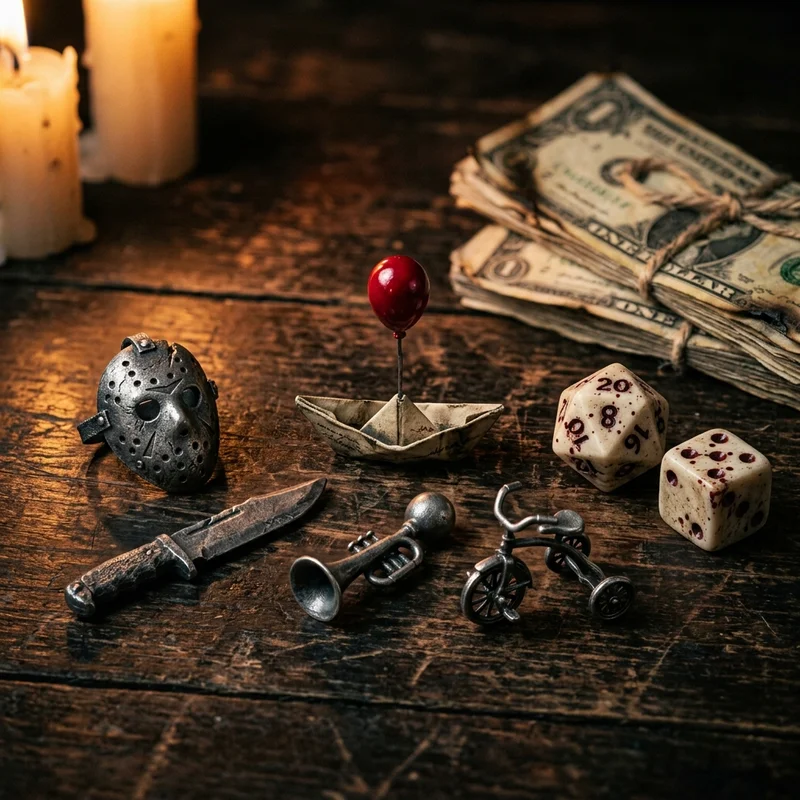 Custom solid cast pewter tokens including Jason mask and Ghostface knife beside carved bone dice and vintage blood currency banknotes