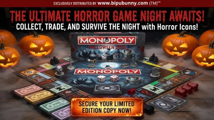 Horror Halloween 2026 Monopoly Game deluxe collector edition board and box displayed on candlelit tabletop with glowing pumpkins