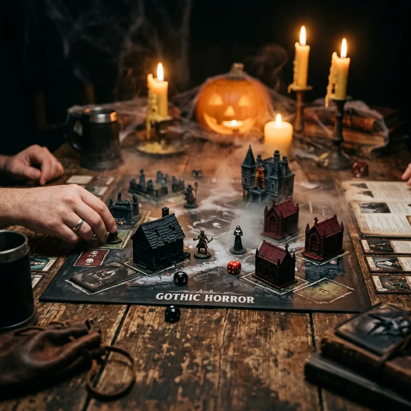 Atmospheric Halloween game night tabletop setup featuring miniature gothic shacks and crimson mausoleums with eerie candlelight and fog