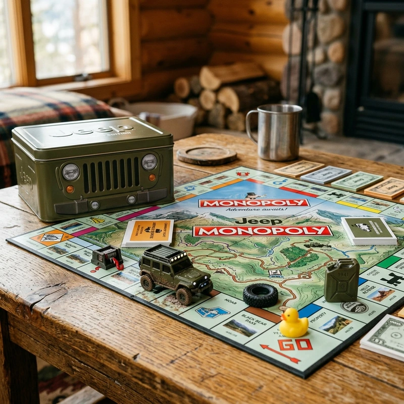 Jeep Monopoly collector edition board game set with custom metal tokens, cards, and illustrated board