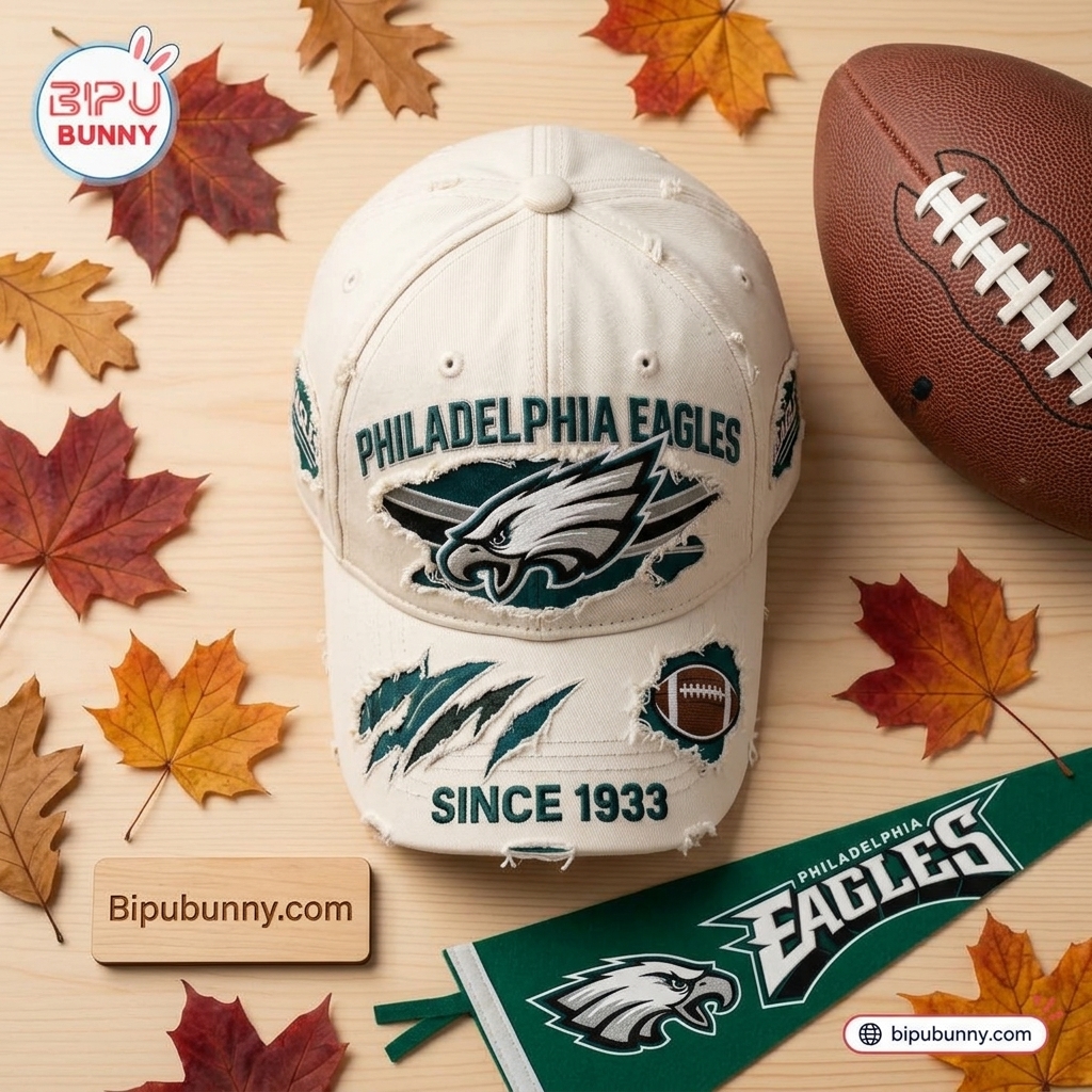 NFL Philadelphia Eagles Distressed Baseball Cap flatlay detailing embroidery and distressed brim with Bipubunny.com sign