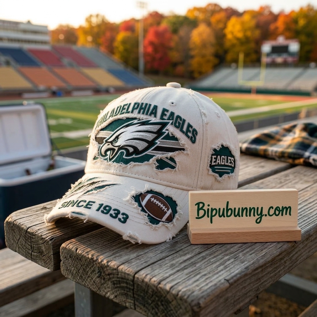 NFL Philadelphia Eagles Distressed Baseball Cap lifestyle display in stadium setting with Bipubunny.com sign