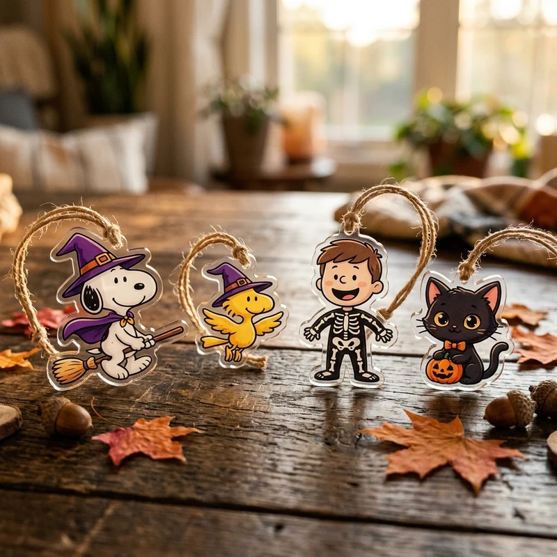 Laser-cut clear acrylic Snoopy Halloween hanging charms with rustic jute twine cords on autumn wooden table