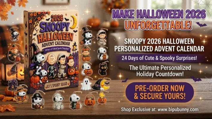 Snoopy 2026 Halloween personalized advent calendar official featured banner with 24 acrylic Peanuts ornaments and countdown box