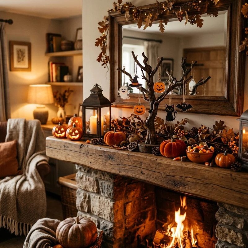 Cozy autumn fireplace mantel display featuring tabletop Halloween branch tree decorated with Peanuts acrylic charms and warm pumpkins