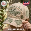 Bitch I'm A Virgo embroidered distressed baseball cap in beige with green stitching, lace heart detail, and zodiac pin.